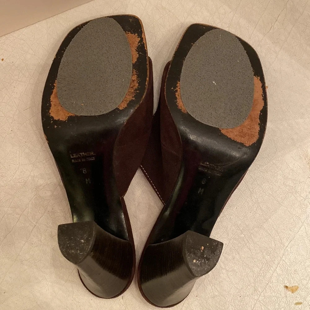 Yves Saint Laurent Brown Suede Vintage Square Toe Buckle Sandal Heel Pumps - Picture 10 of 13